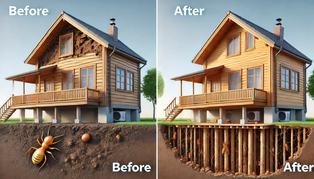 Foto realista del antes y después de una casa, mostrando madera en contacto con el suelo en el 'antes' con daños visibles por termitas, y madera elevada y protegida en el 'después', sin daños