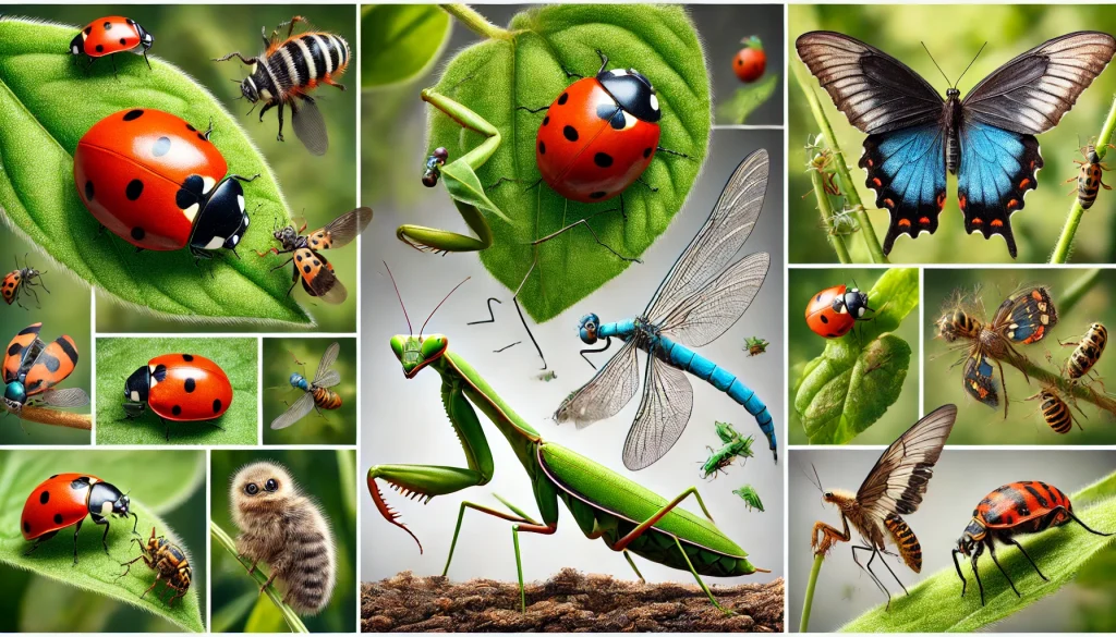 Collage de diferentes depredadores naturales como mariquitas, mantis y aves insectívoras