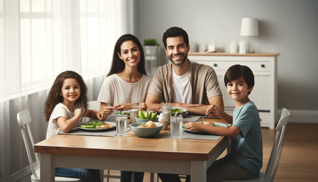 Una familia comiendo en un espacio libre de plagas