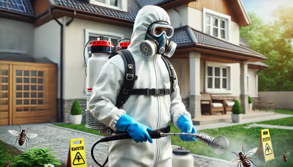 Foto realista de un fumigador profesional en acción, con equipo de protección completo, incluyendo traje, guantes, máscara y gafas, utilizando equipo de fumigación alrededor del exterior de una casa.