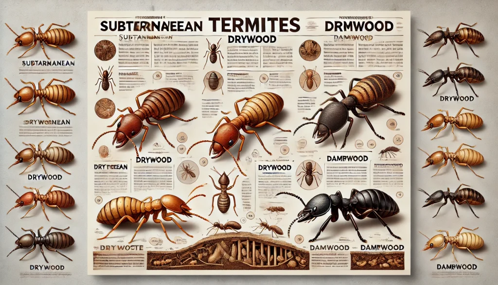 Infografía realista que muestra los tres tipos de termitas con sus características distintivas: termitas subterráneas, de madera seca y de madera húmeda. Cada tipo de termita está ilustrado y acompañado de descripciones sobre sus características, hábitat y comportamiento.