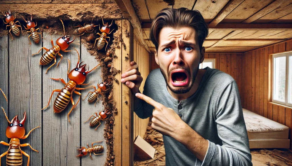 Foto realista de una persona aterrorizada debido a una infestación de termitas en su casa, señalando una sección de la pared donde las termitas están presentes