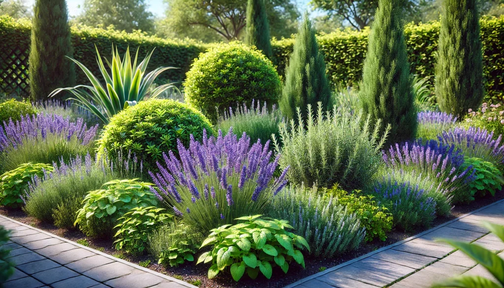 Una variedad de plantas repelentes como lavanda, romero y menta en un jardín