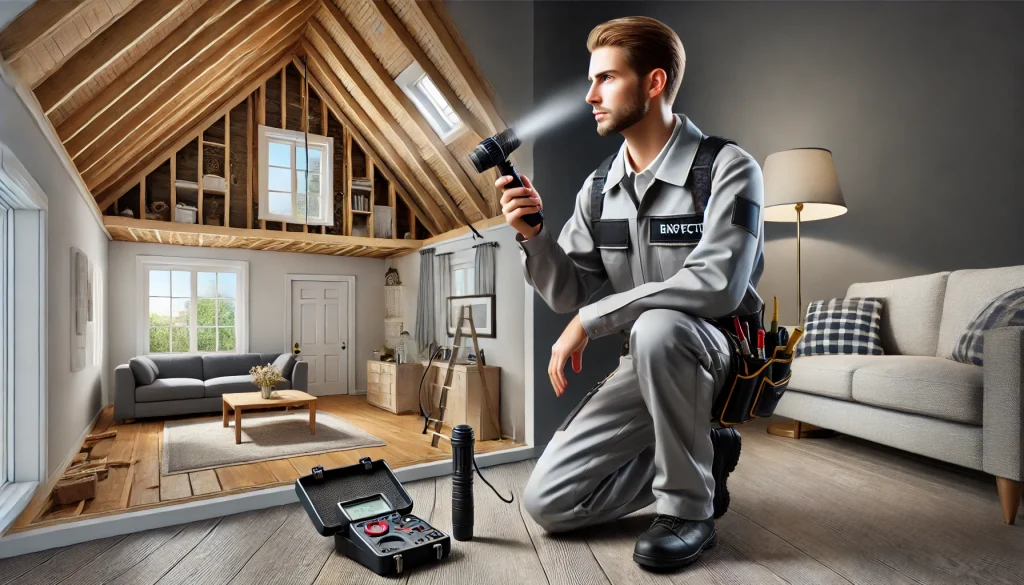 Foto realista de un profesional inspeccionando una casa con equipo especializado, incluyendo linterna y medidor de humedad, examinando la estructura de la casa tanto en el interior como en el exterior.