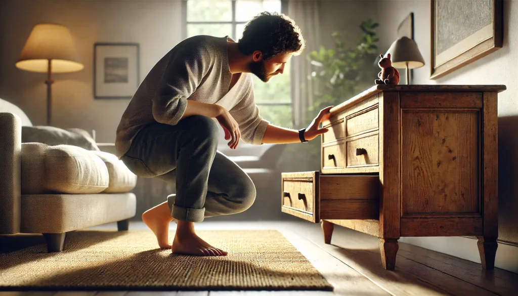 Persona inspeccionando cuidadosamente un mueble de madera usado, pero en buen estado, en la sala de su casa bien iluminada y moderna.