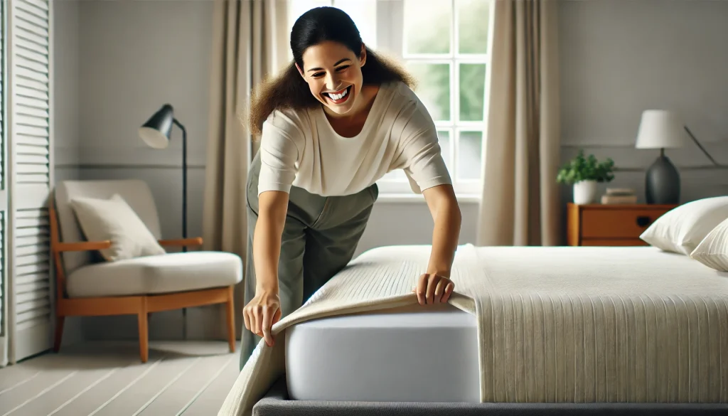 Mujer sonriente colocando un cobertor sobre un colchón en una habitación bien iluminada y organizada, con ropa de cama clara y minimalista.