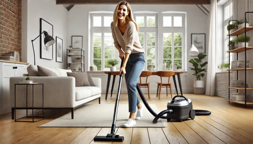 Mujer sonriente pasando la aspiradora sobre un suelo de madera en una sala bien iluminada y organizada, con muebles modernos y minimalistas.